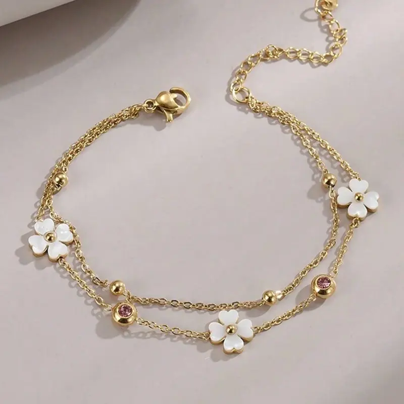 1pcs Women Dainty Double Layer Ankle Bracelet White Shell Four Petal Flower Anklet with Pink and White CZ Beads Adjustable Chain Summer Beach Foot Jewelry Trendy Jewelry Boho Style Jewelry Gift for Her Boho Anklet