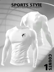 Men's Wolf Shield Graphic Compression Long Sleeve T-Shirt, Gym Tees, Micro Stretch Sports Base Layer, Round Neck Training Top for Gym Workout, Athletic Fashion Activewear