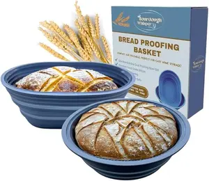 Superbaking Premium Silicone Sourdough Bread Proofing & Baking Basket Set - Includes Oval & Round Foldable Bowls (9.5 Inch) - Oven & Dishwasher Safe Bakeware Utensils