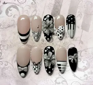 3D Music & Flower Press On Nails, Black White Piano Keys, Floral Almond Set, Handmade Kawaii Aesthetic Polka Dot Theme Nail For Retro Vibes