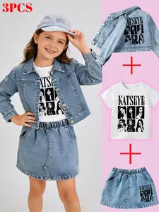 Girls' Autumn New Trendy Denim Three-Piece Set, Cool Girl Printed Denim Jacket + T-Shirt + Short Skirt, Fashionable Kids
