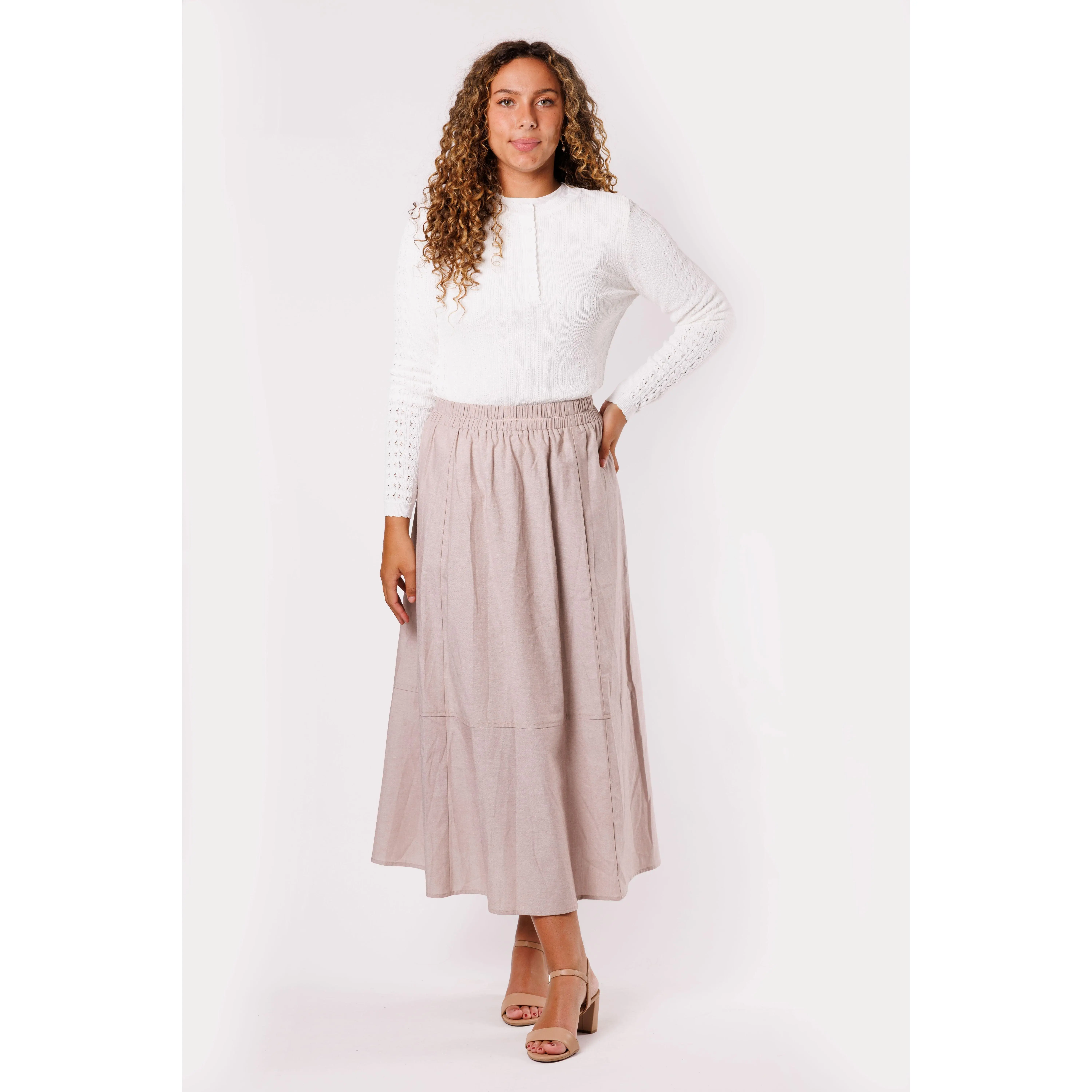 Tan Chambray Elastic Waist Skirt