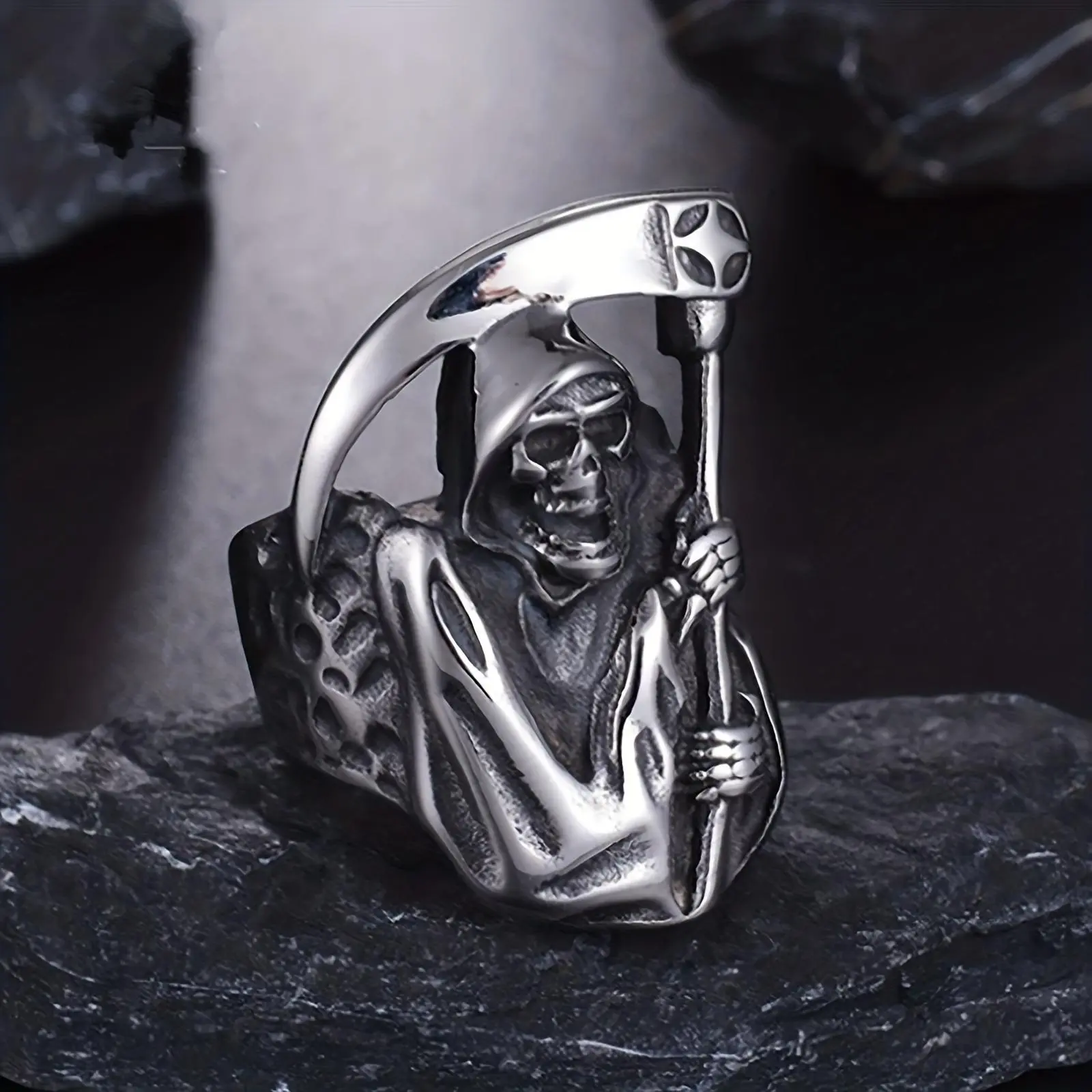 Men's Mighty Death Reaper Scythe Skull Stainless Steel Ring - Witchy Jewelry, Dark Aesthetic, Pirate Style, European-American Exaggerated Nightclub Finger Accessory, Dark Aesthetic Rings, Stainless Steel Jewelry, Goth Rings