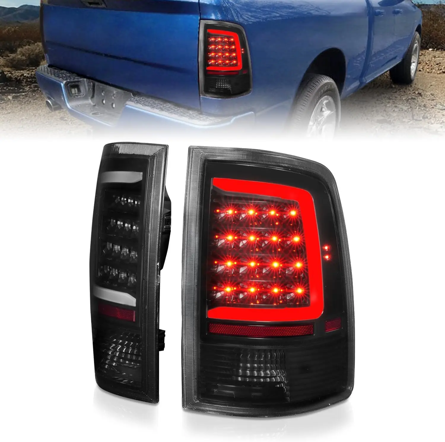 AmeriLite for 2009-2018 Dodge Ram 1500 2500 3500 Truck C-Type LED Bar Smoke Black Replacement Tail Light Assembly Set - Passenger and Driver Side