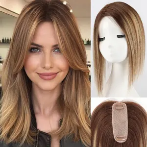 starluck Hair Toppers for Women Real Human Hair 4.5"*1.5"Silk Base ombre Brown balayage No Bangs 100% Real Human Hair Toppers for Women with Thinning Hair Cover Gray Roots