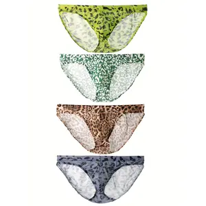 Men's Leopard Print Sheer Nylon Briefs 4-Pack, Comfortable Breathable Underwear with Medium Stretch, Knit Fabric, Nylon 95%, Spandex 5%