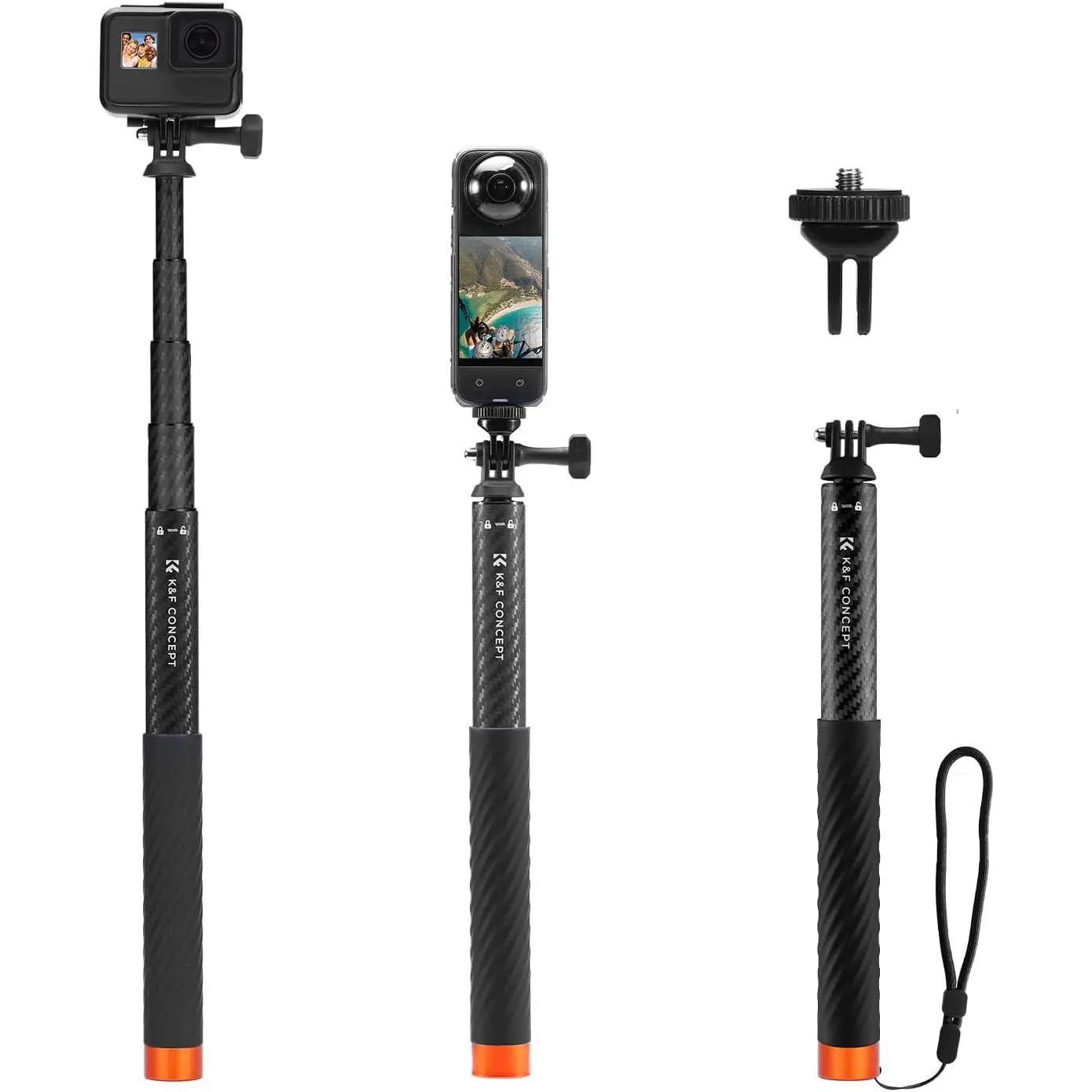 K&F CONCEPT Carbon Fibre Mobile Selfie Stick Tripod - 127cm/50in Extension Pole with Grip, Lanyard and Silicone Accessories, Compatible with Insta360 X5 X4 X3 X2 Ace Ace Pro Pro 2 GO 3 3S GO Ultra and DJI Osmo 360 Action Cameras