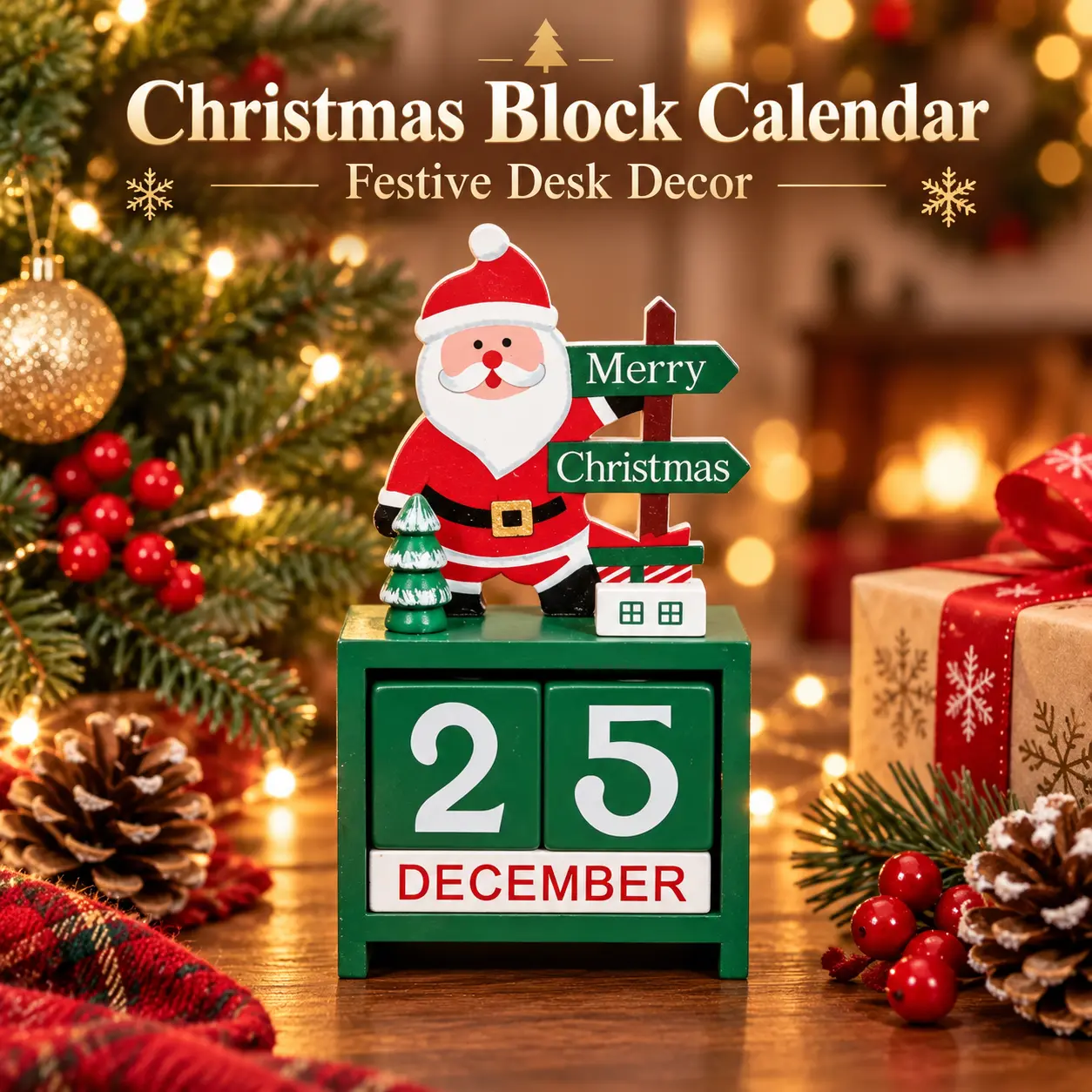 Christmas Countdown Calendar - Reusable Block Calendar with Santa Design, Manual Date Display for Desk, Tabletop, Shelf & Christmas Home Decor, Holiday Gift