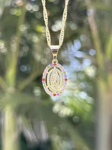 14k Gold Plated Crystal Mary Necklace with Pendant & Chain