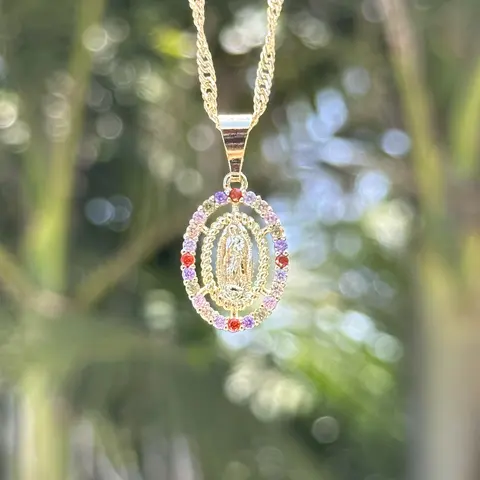 14k Gold Plated Crystal Mary Necklace with Pendant & Chain