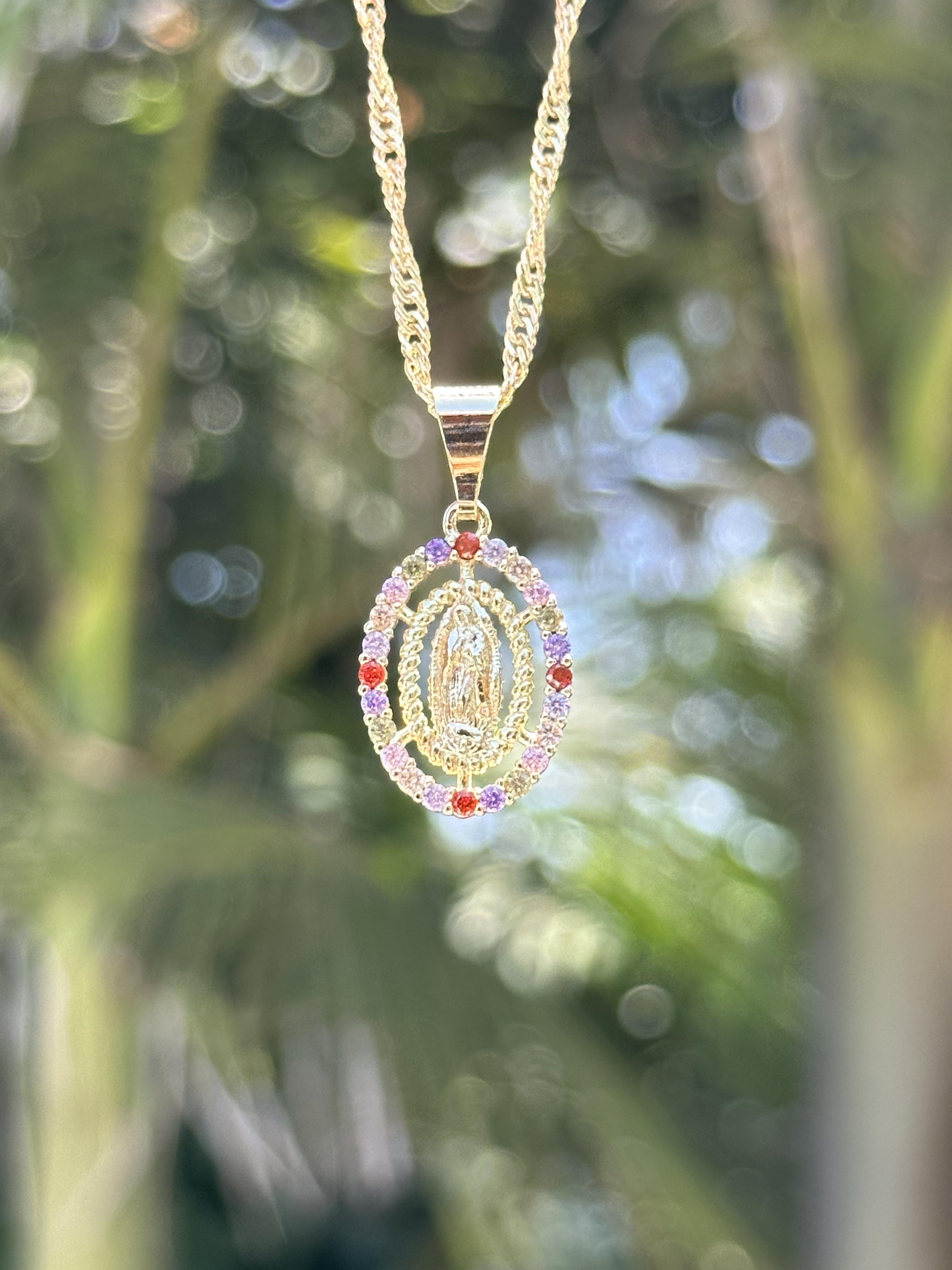 14k Gold Plated Crystal Mary Necklace with Pendant & Chain