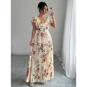 Women's V-neck printed elegant folding long dress, high waist slim fit A-line party dress with pleated short sleeves, elegant romantic women's dress, printed dressRAIMENTRY
