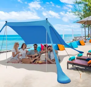 Beach Tent Camping Sun Shelter, 7x7 FT UPF50+ Portable Beach Canopy, 4-5 Person Outdoor Shade with Sandbags & Poles, Hardware Accessory for Camping Fishing (Blue)