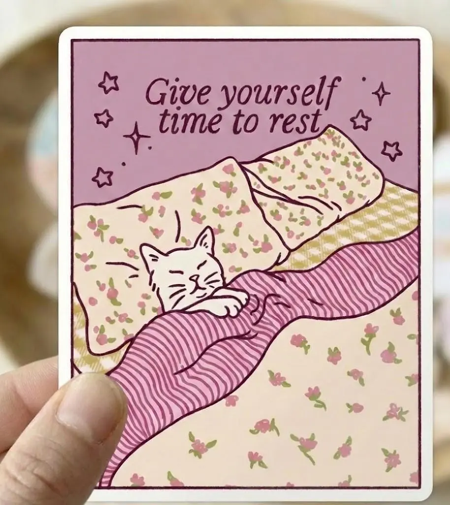 Sleeping Cat Sticker | Cozy Self Care, Mental Health Journal