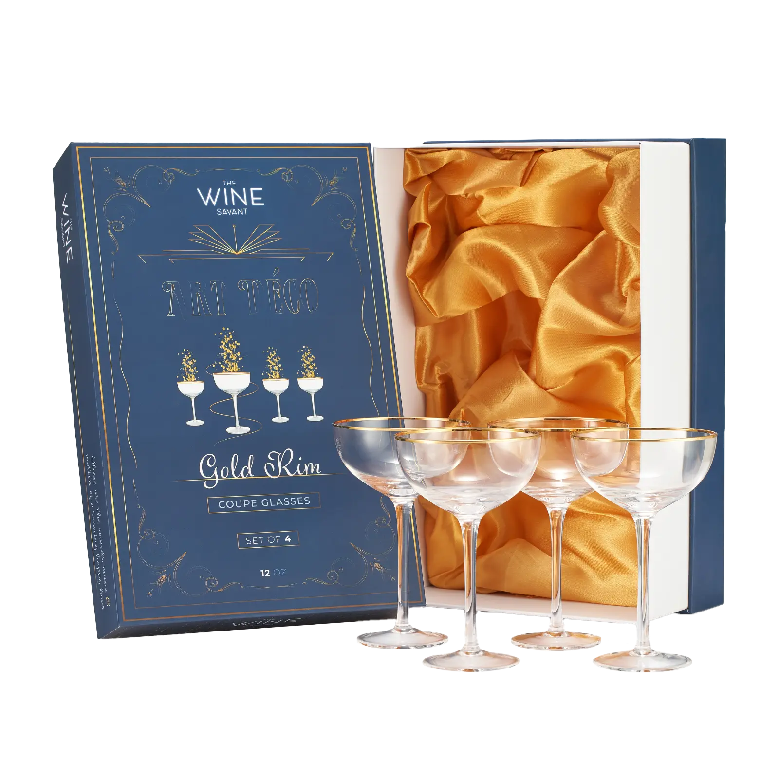 Vintage Crystal Champagne Coupe Gold Rim Glasses | Set of 4 | 7 oz, Gilded Rim Classic Cocktail Glassware - Martini, Manhattan, Cosmopolitan, Sidecar, Daiquiri | 1920s Style Saucer Goblets | Gift Box
