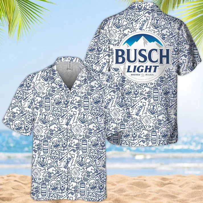 Busch Light Summer Doodle Art Hawaiian Shirt – Funny Beer Button Down Shirt for Men | Vibrant Beach & BBQ Party Outfit | Unique Summer Drinking Shirt | Great Gift for Beer Lovers, Husband, Boyfriend, or Dad Who Loves to Chill & Stand Out