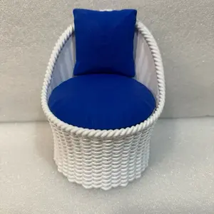 Handmade 3D Printed Wicker White Chair with Blue back pillow and cushion All plastic 1/6 scale chair 3D printed -No doll-