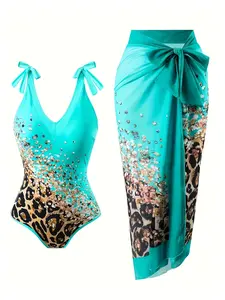Women's Swimsuit Two Piece  Spring Bathing Suit Blue Leopard Print Patchwork with Mesh Cover Up; Swimsuits for Vacation, Beach, Pool, Spa, Resort Wear