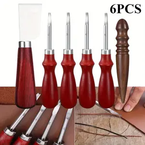 6 Pcs Leather Craft Tool Set - Includes 4 Edge Beveler, Cutting Knife, Skiving Knife, and Sandalwood Burnisher