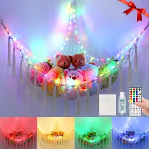 16 Color Change Stuffed Animal Hammock 75LEDs, 55in Extra Large Storage Macrame Hammock with 44-Key Remote, USB Hanging Plush Animal Net for Kids Bedroom Doll Room Corner Organizer (RGB, XL)