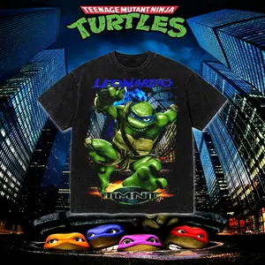 Leonardo TMNT Graphic T-Shirt – Teenage Mutant Ninja Turtles Retro Vintage Tee, Classic 90s Cartoon Movie Shirt, Washed Heavy Cotton Oversized Streetwear, Unisex Ninja Turtle Fan Gift Tee