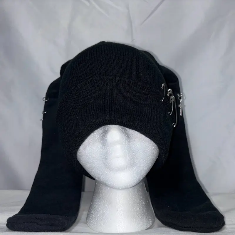 Bunny Ears Beanie - Black Knitted Beanie with Front Closure, Adjustable Fit, Ideal for Cold Weather Wear
