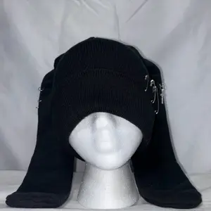Bunny Ears Beanie - Black Knitted Beanie with Front Closure, Adjustable Fit, Ideal for Cold Weather Wear