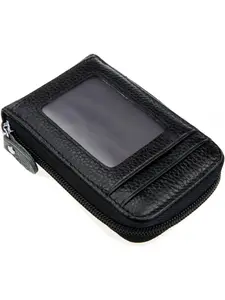 RFID Blocking Genuine Leather Mini Credit Card Case Organizer Compact Wallet with ID Window
