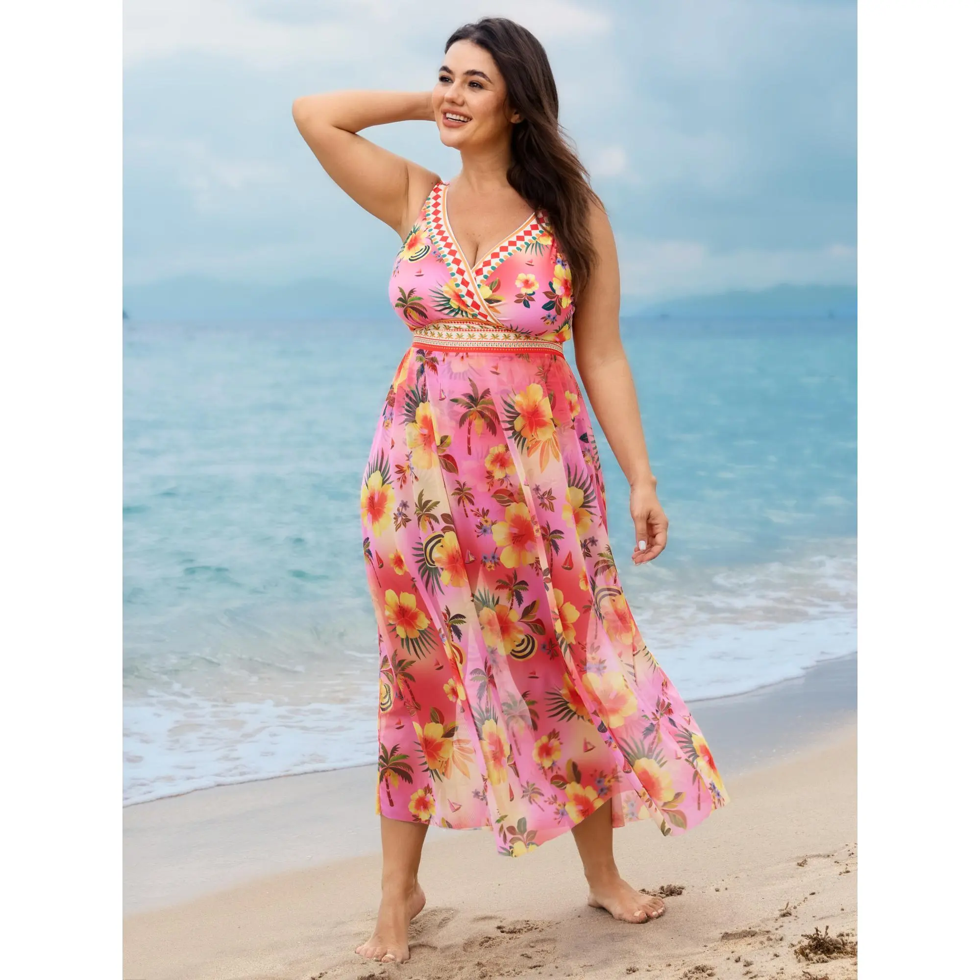 BLOOMCHIC Plus Size Two-Piece Mesh Floral Sarong Swimsuit [M-6X] Swimdress Bathing Suit,Summerfinds