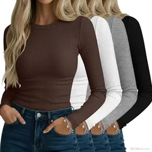 4 Pack Women's Ribbed Long Sleeve Shirts, Cotton Crew Neck Slim Fit Tops Stretch Knit Casual Base Layer Basic Tee ShirtsAB11Monlisse