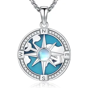 DRINSPER S925 Compass Necklace for Gruaduation Gift 925 Sterling Silver Pendant with Aritificial Moonstone Decor Gift for Graduated Student