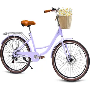 Kids Bike, Cruiser Bike for Girls, 24 26 inch 7 Speed Kids' Bicycles with Rattan Basket and Adjustable Seat, Lightweight Step Bike for Kids Girls Boys Teenagers, Multiple Colors