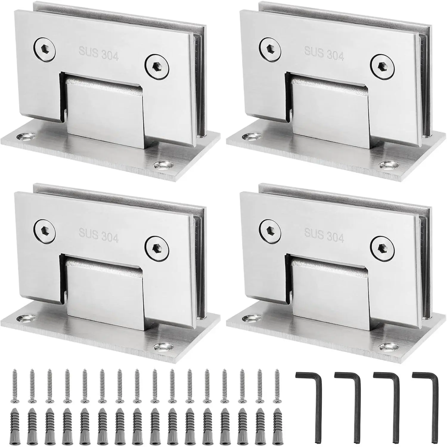 4 Pack Glass Door Hinge, 90 Degree Stainless Steel Glass Door Cupboard Showcase Clamp Heavy Duty Shower Door Hinges Replacement Part Wall-to-Glass, Fits 8-12mm Glass, Brushed Nickel