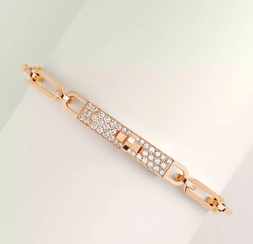 Pre-owned Hermes Kelly Chaine bracelet, small model in rose gold set with diamonds and Kelly clasp，complete set