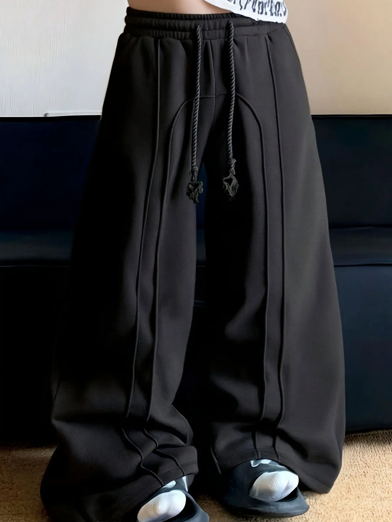HEYKESON Men's Mid-Waist Loose-Fit Polyester Solid Sweatpants - Elastic Drawstring, Seam Detail, All-Season Casual Streetwear Jogger Pants, Men's Baggy Sweatpants