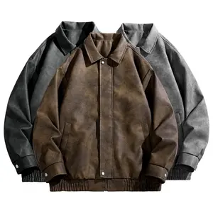 Academic Style PU Leather Motorcycle Flight Jacket with Turn-Down Collar Casual Loose Fit Unisex Coat for Versatile Wear