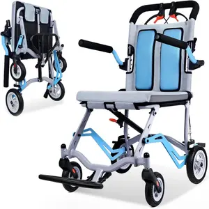 Ultra-Lightweight Folding Transport Wheelchair w/ Hydraulic Patient Lift & Locking Handbrake, 220 lbs Capacity, Blue