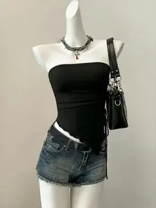 Black Strapless Tube Top ✨ Asymmetric Drawstring Ruched Sexy Crop Top for Women Y2K Party Outfit