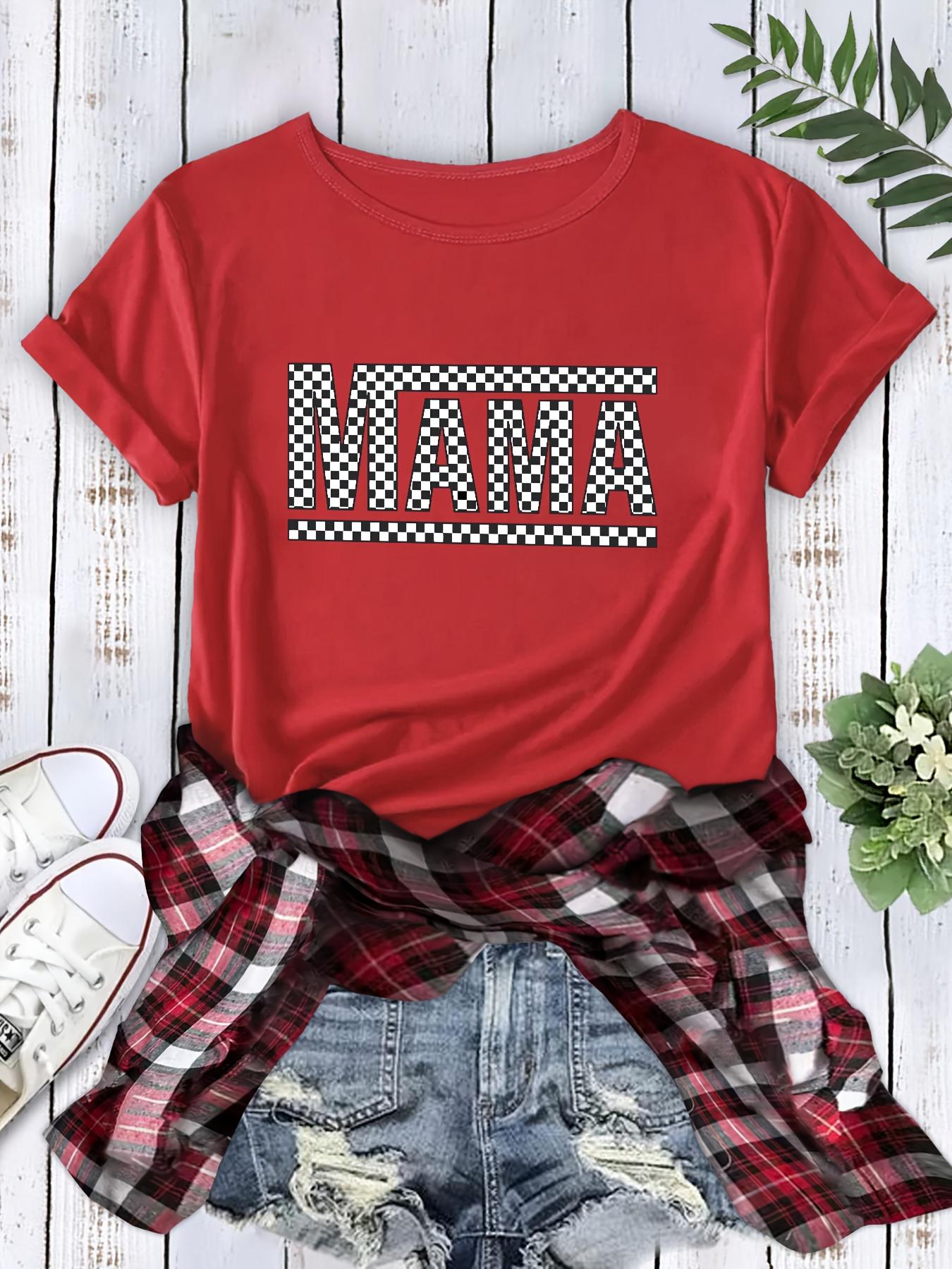 Women's Casual Loose Fit T-Shirt - Black & White Checkered MAMA Graphic Print, Breathable Summer Top with Round Neck, Machine Washable, Ladies T Shirts, Casual Attire, Relaxed Fashion, Nontransparent Material