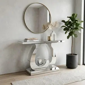 Modern mirror side table glass sofa table with mirror effect entrance table double C-shaped base, rectangular decoration hall table suitable for living room corridor entrance (silver),summerwins