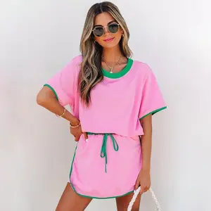 Women’s Colorblock Trim Drop Shoulder T-Shirt and Skirt 2-Piece Set, Chic Skort Set, Summer Outfit GARMENTARY