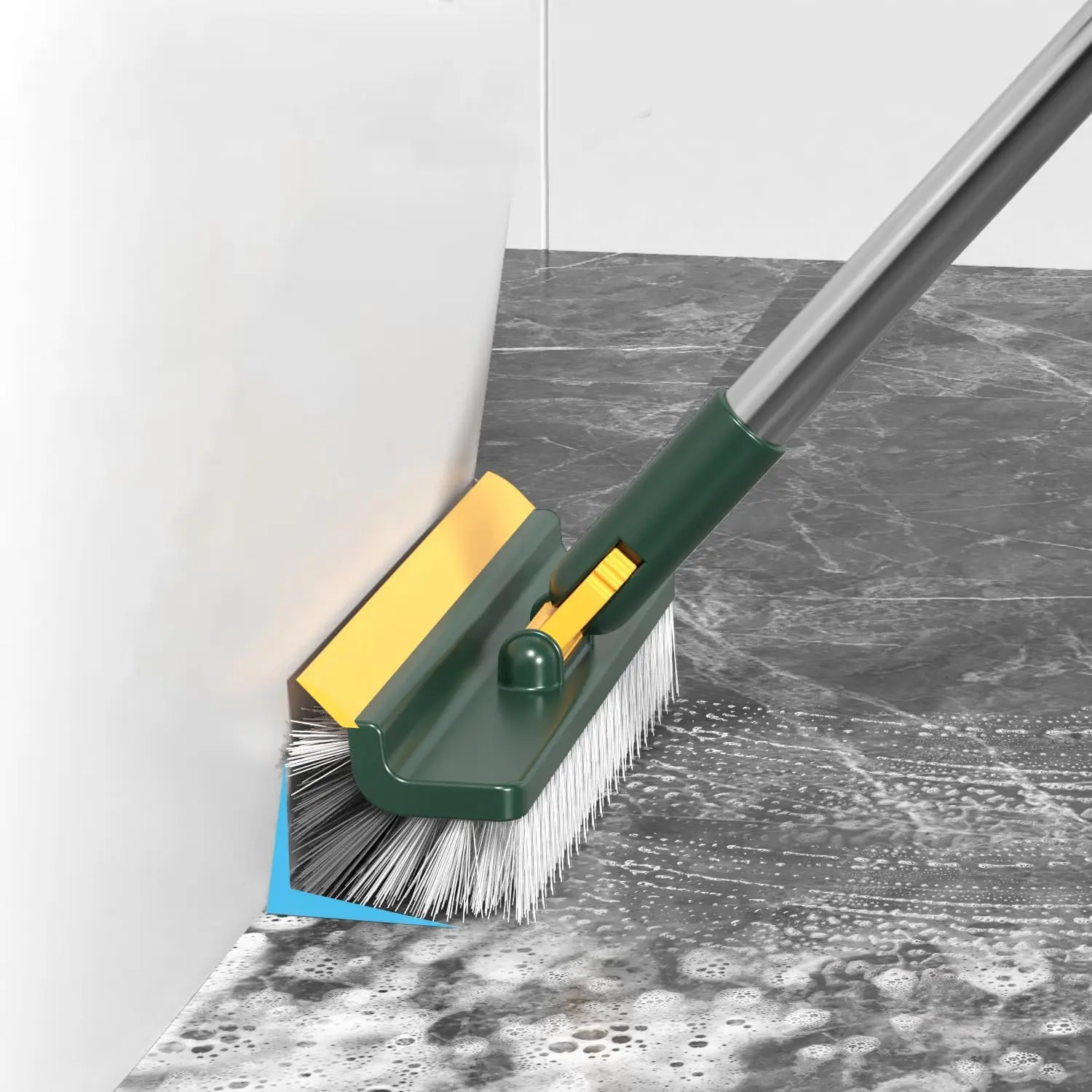 Floor Scrub Brush with Long Handle, 3 in 1 Scrape and Stiff Bristle Scrubber Brush, Deck Brush for Cleaning Shower Bathroom, Kitchen, Bath (Green)