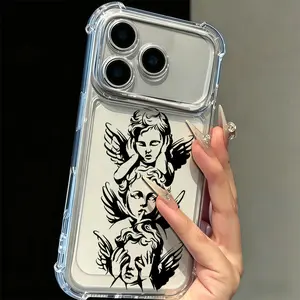 Black Angel Cupid God of Love Sacred Motif Protective Aesthetic Phone Cover, TPU & Transparent Soft Silicone Shell, Exquisite Electroplating, 4-Corner Shockproof Drop Protection, Handheld Accessory for iPhone 17/16/15/14/13/12/11 Pro Plus Max L340
