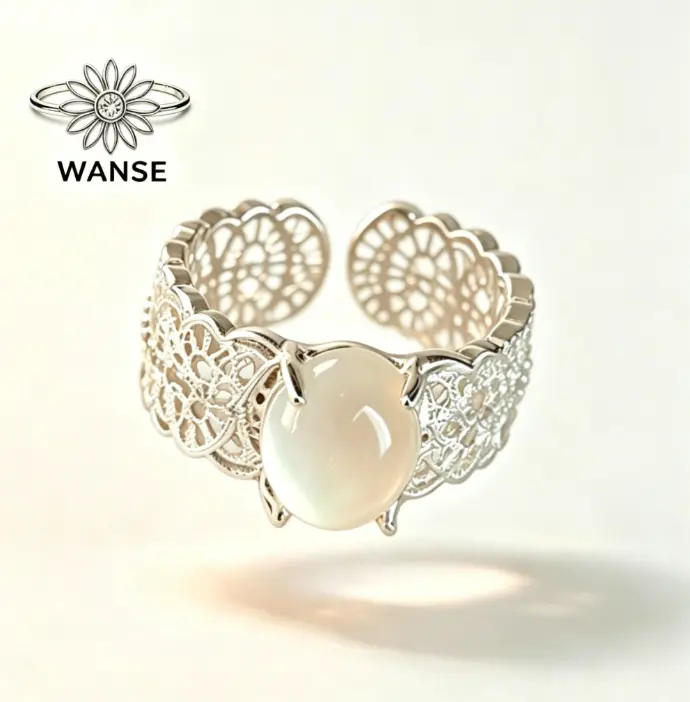 Silver‑Tone Wide Lace Imitation Chalcedony Ring, Adjustable Open Band Niche Finger Ring for Women