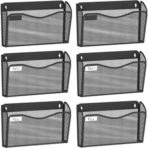 Wall File Organizer, 6 Single Pockets Mesh Hanging File Organizer, Mount Document Magazine Rack with Labels, Hanging File Folders for Office, Home and School, Black