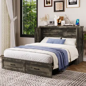 Murphy Bed Cabinet Queen Size with Charging Station, Multi-Functional Foldable Platform Bed with 1 Large Storage Drawer for Guest Room, Small Bedroom