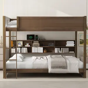 Queen Over Queen Bunk Bed with Storage Cabinets and USB Ports, Solid Wood Bunk Bed Frame with Built-in Shelves Beside Bottom Bed