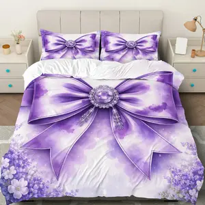 3PCS Duvet Cover Set, 1 Duvet+2 Pillowcases(Without filler), Purple Bow Floral Jewel Elegant Romantic theme, Christmas bedding set, Luxury Purple Bedding Suitable for decoration Bedroom, Hotel, Guest Room, Dormitory.