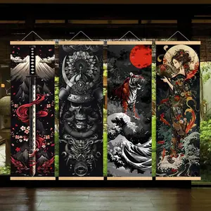 Wooden Hanging Banner, 4 Counts/set Japanese Style Drawing Sakura Samurai Poster, Modern Art Fashion Decoration, Office Poster, Room, Home Poster, Ornaments