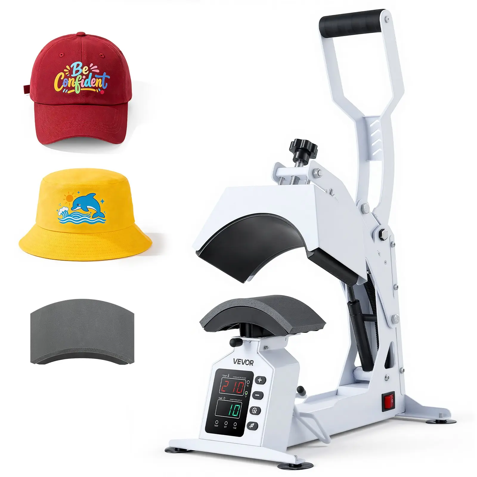 【Summerfinds】VEVOR Dual Heating Hat Heat Press Machine with 2 Interchangeable Platens, Cap Stretcher, Precise Temp & Time Control, for HTV Iron On, Sublimation on Fabrics, White, Two Platens